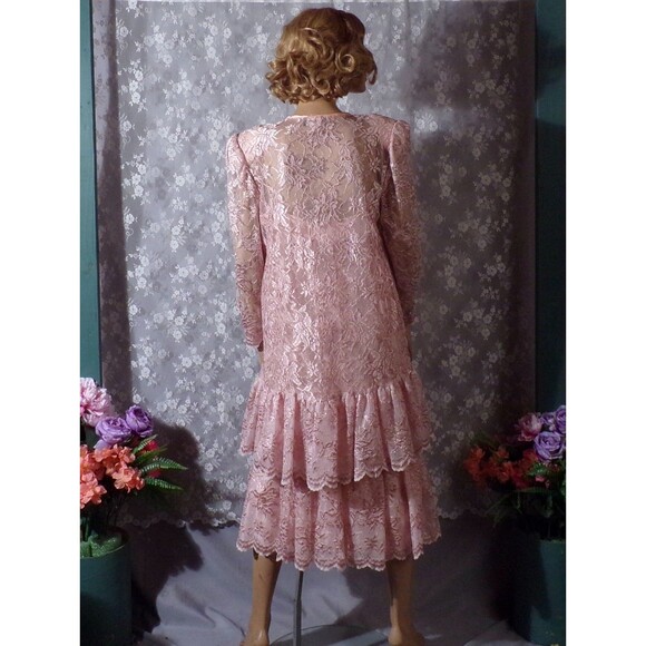 Vintage 80s Dress 1980s Pink Lace Ruffle Wedding Cocktail Pretty Size Medium - Picture 5 of 6